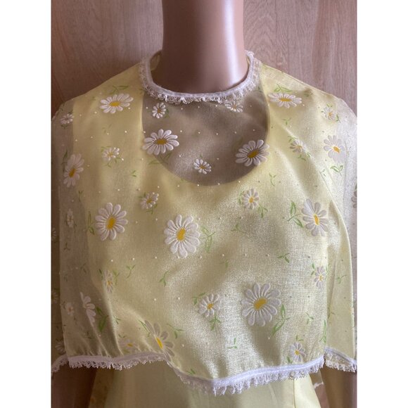 1960s Polyester Handmade Yellow Maxi Dress Sheer Floral Overlay Sz S Cottagecore - Picture 8 of 16